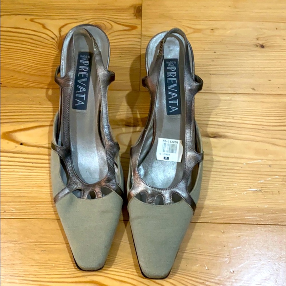 Taupe sling backs with metallic trim size 9